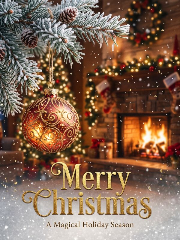 A magical Christmas poster design. Elegant serif English font "Merry Christmas" with a gold foil texture. Macro close-up of frosted pine branches with a glowing red-gold glass ornament hanging on them. Sparkling snow dust falling. Background features cozy fireplace light bokeh. Warm festive atmosphere.
