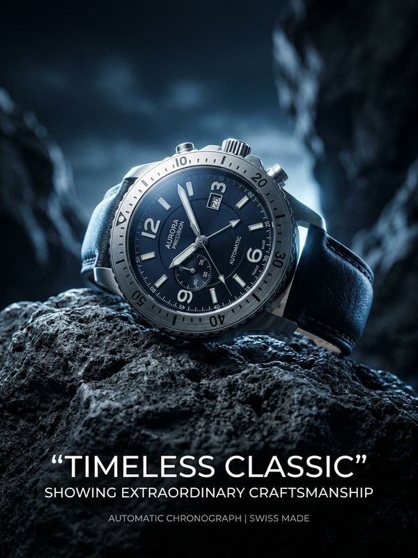 A cinematic luxury watch poster. A precision mechanical watch rests on dark volcanic rock. A cool backlight highlights the metallic case and dial details. Modern text below: "TIMELESS CLASSIC". Showcasing exceptional craftsmanship.
