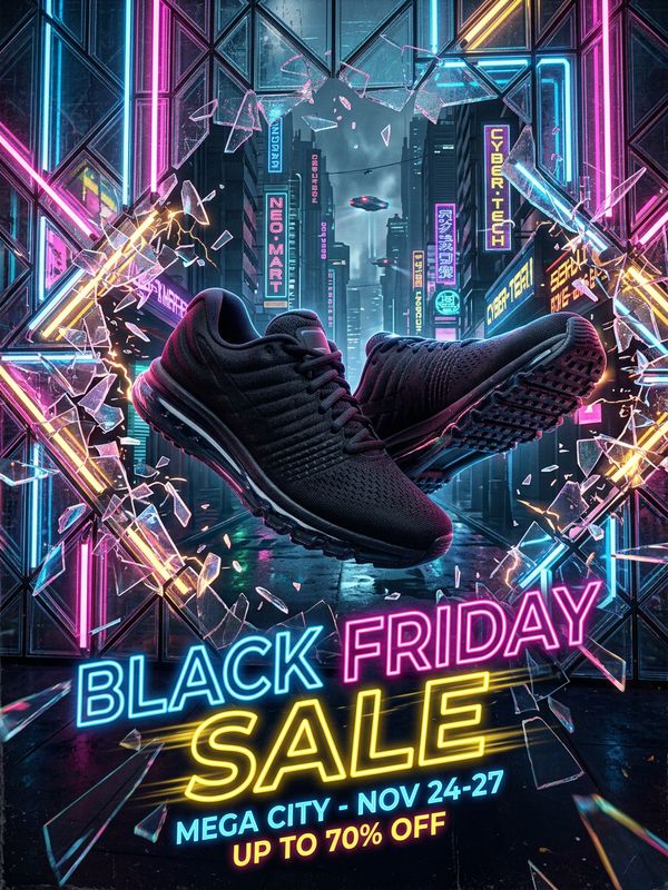 A cyberpunk Black Friday activity poster. A sleek black sneaker kicks through a glowing neon glass wall, shards flying through the air. Dark cyberpunk street background. Glowing neon English text: "BLACK FRIDAY SALE". Extremely dynamic and visually striking.