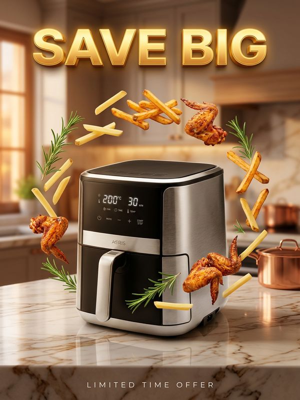 A buy-more-save-more promo poster. A modern air fryer sits on a marble kitchen counter, floating food ingredients (fries, wings, rosemary) in zero gravity. Warm blurred kitchen background. Golden glowing text above: "SAVE BIG". Appetizing and promotional.