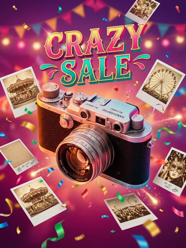 A carnival mega-sale poster. A vintage camera floats at the center, surrounded by colorful confetti and floating Polaroid photos. Dreamy purple-red gradient background. Bold energetic text: "CRAZY SALE". Festival party vibes.