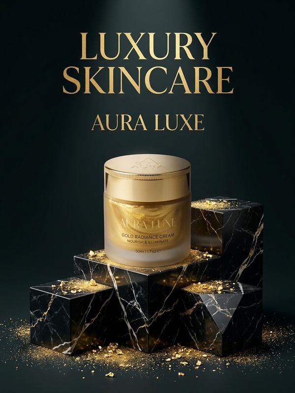 A brand image promotion poster. Gold face cream sits on a black marble geometric display stand, gold powder scattered around. Deep dark-toned background, a spotlight focusing on the product. Luxurious French serif text: "LUXURY SKINCARE". Pure high-end elegance.