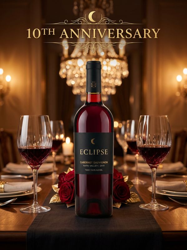 A brand 10th anniversary poster. A wine bottle on a European-style long dining table, two half-full crystal glasses beside it. Blurred crystal chandelier and romantic dinner setting in warm tones. Elegant text above: "10TH ANNIVERSARY". Luxurious and classy.