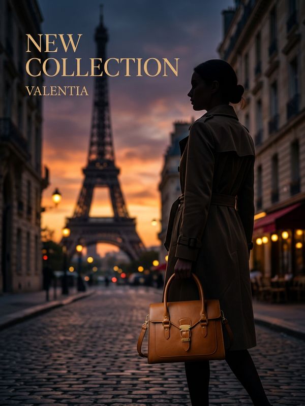 A high-end brand promotion poster. A model silhouette in a trench coat carries a caramel-colored handbag, walking through Paris streets at dusk. Blurred Eiffel Tower and sunset warmth in background. Fashion magazine-style text: "NEW COLLECTION". Cinematic composition.