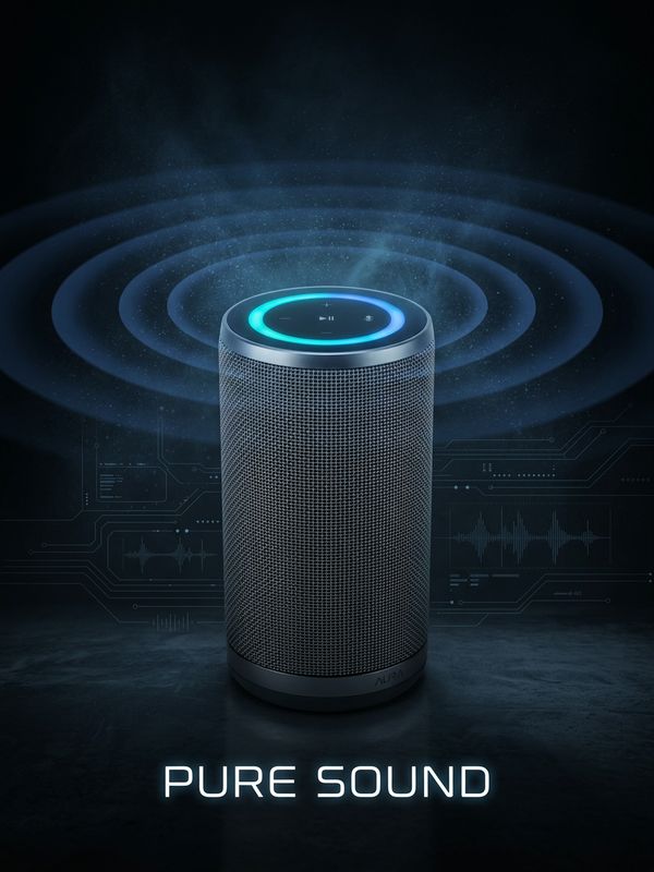 A tech brand poster. A deep-space-grey smart speaker sits in a dark room emitting glowing blue circular sound wave ripples that illuminate surrounding air particles. Futuristic layout text: "PURE SOUND". Immersive visual experience.