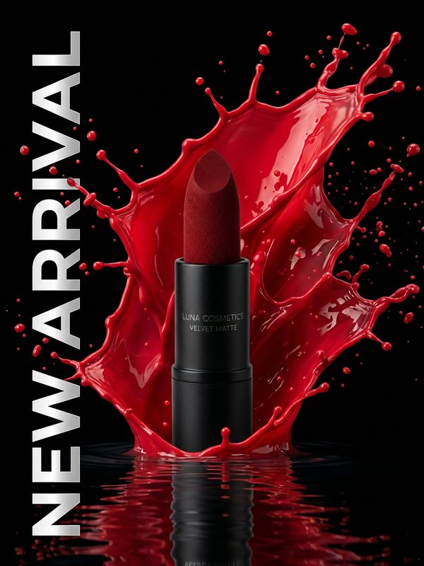 A new product launch poster. A lipstick stands upright on a water surface, a massive vivid red liquid splash erupting behind it. Pure black background. Vertical modern fashion text on the left: "NEW ARRIVAL". Strong visual punch.