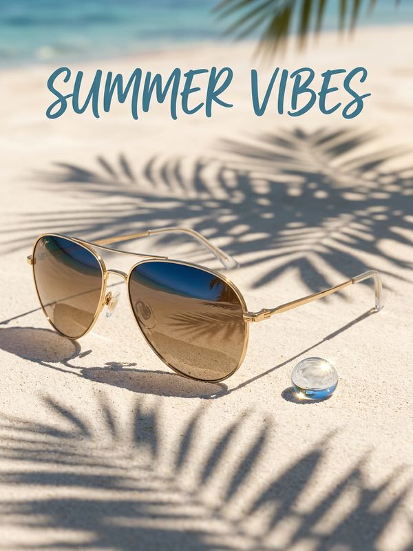 A summer new product poster. Aviator sunglasses rest on fine white sand, palm leaf shadows cast across the surface, a tiny dewdrop refracts sunlight nearby. Casual handwritten text above: "SUMMER VIBES". Full vacation atmosphere.