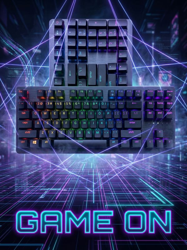 A gaming new product launch poster. A mechanical keyboard floats in a deep cyberpunk grid space with cool purple and blue laser lines crisscrossing. Bold powerful futuristic text below: "GAME ON". Hardcore esports aesthetic.