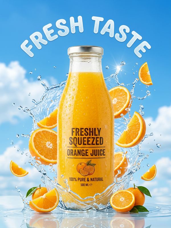 A new beverage product poster. An orange juice glass bottle sits at the center surrounded by splashing clear water and fresh orange slices. Fresh summer blue sky and clouds background. Round bubbly text: "FRESH TASTE". Cool, refreshing visual.