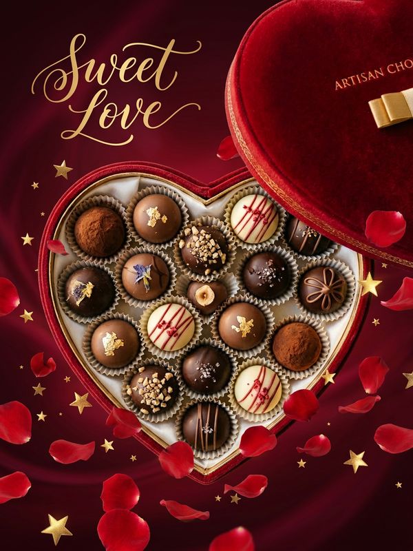 A Valentine's Day poster. A heart-shaped chocolate box floats in the air surrounded by swirling red rose petals and shimmering gold stars. Dark red dreamy gradient background. Romantic handwritten text: "SWEET LOVE". Emotionally resonant.