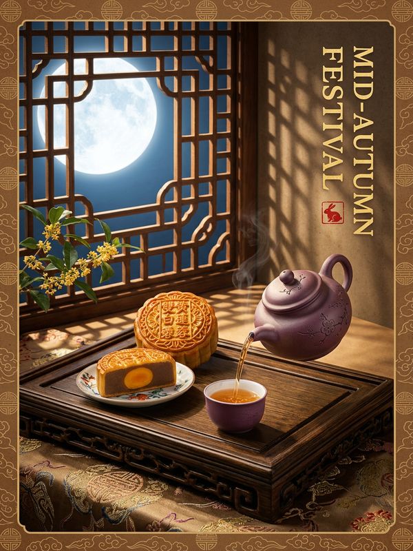 A traditional Mid-Autumn Festival poster. Mooncakes arranged on an antique wooden tea tray beside a teapot pouring tea. A Chinese classic carved wooden window frame in the background, moonlight streaming through. Classical Chinese layout text: "MID-AUTUMN FESTIVAL". Elegant and poetic.