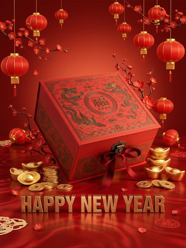 A Chinese New Year greeting poster. A big red gift box at the center surrounded by gold ingots, red lanterns, and blooming red plum branches. Festive Chinese red background with light and shadow gradients. Embossed gold text: "HAPPY NEW YEAR". Rich in festive spirit.