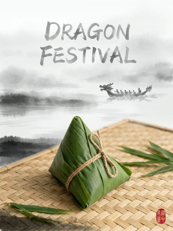 A Dragon Boat Festival cultural poster. Zongzi (sticky rice dumplings) on a bamboo woven mat, misty ink-wash river in the background with a faint dragon boat silhouette. Ink-wash style text in the sky: "DRAGON FESTIVAL". Deep cultural heritage.
