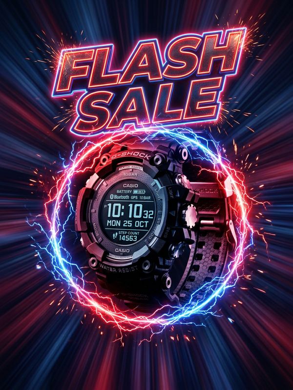 An extreme flash sale poster. A sport watch at the center wrapped in rings of glowing red and blue neon lightning, radial motion-blur lines in the background conveying extreme speed. Explosive bold italic text: "FLASH SALE". Intense urgency.