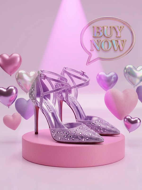 A click-driving product promotion image. Silver high heels on a pink 3D cylindrical display stand, pink-purple spotlight from above, heart-shaped balloons floating around. Compelling speech-bubble text: "BUY NOW". Eye-catching and conversion-driving.
