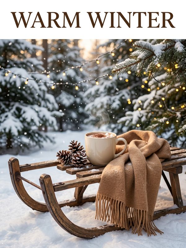 A warm winter holiday poster. A camel-colored cashmere scarf draped casually on a rustic wooden sled, beside a steaming mug of hot cocoa and pine cones. Background of snow-covered pine trees, falling snowflakes, and warm amber string lights (bokeh). Bold elegant text at the top: "WARM WINTER". Cinematic soft light, deeply atmospheric.