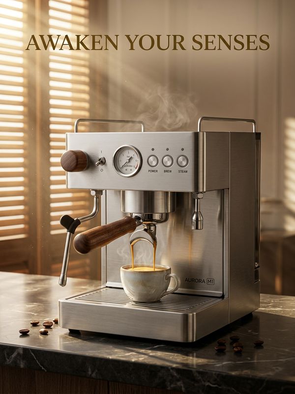 A premium espresso machine launch poster. A silver-and-wood Italian espresso machine on a dark marble bar, extracting rich crema-topped espresso into a ceramic cup with visible steam rising. Scattered dark roast coffee beans nearby, warm morning sunlight through blinds (Tyndall effect) creating a luxurious lazy ambiance. Elegant modern sans-serif text at the top: "AWAKEN YOUR SENSES". Cinematic lighting, top-tier lifestyle.