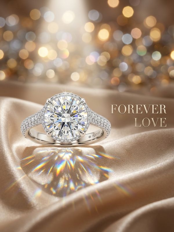 A romantic jewelry holiday poster. A sparkling diamond ring placed gently on soft champagne-colored silk satin. A premium spotlight shines through the diamond, casting a stunning seven-color spectrum on the silk (caustics). Dreamy warm bokeh background, full of romance and eternity. Slim elegant French serif text on the right: "FOREVER LOVE". Visually captivating luxury.