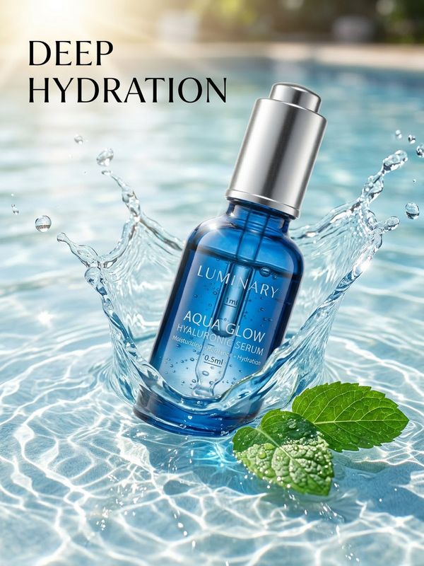 A refreshing summer skincare launch poster. A deep-blue serum bottle half-submerged in clear shimmering water, surrounded by vibrant water splashes, with two dewy mint leaves floating on the surface. Brilliant summer sunlight refracts through the water creating beautiful caustics at the bottom. Clean minimal layout, modern sans-serif text upper left: "DEEP HYDRATION". Ultimate cool, healing, and hydrating visual.