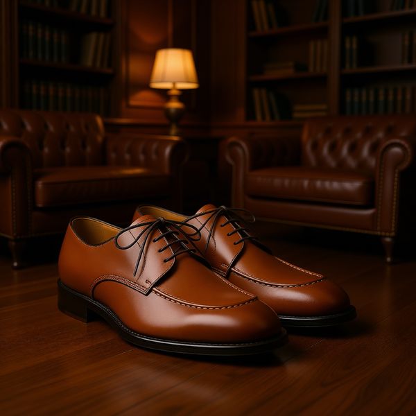 Bureau britannique vintage avec parquet en noyer foncé, canapé en cuir et bibliothèque flous en arrière-plan, éclairage chaleureux de lampe, sensation de luxe gentleman.