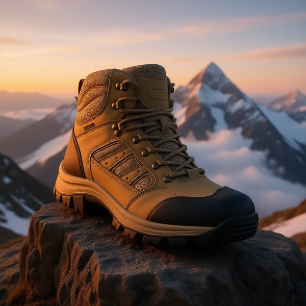 Rochers majestueux de sommets de montagnes enneigées, mer de nuages et lever de soleil en arrière-plan, tons de contraste chaud-froid, soulignant la durabilité et l'esprit d'aventure.