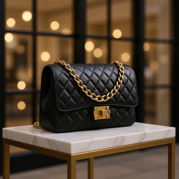 Plateforme d'affichage en marbre premium, vitrine de magasin de luxe floue et points lumineux or champagne en arrière-plan, atmosphère élégante de gala du soir.