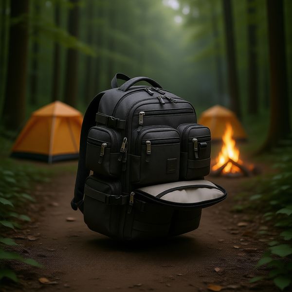 Campement en forêt dense, tente et feu de camp flous en arrière-plan, lumière du soleil filtrant à travers les feuilles créant des ombres tachetées, thème de voyage et liberté.