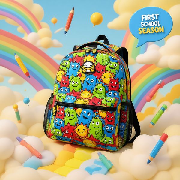 Monde de dessin animé 3D créatif avec fournitures scolaires flottantes, nuages et arcs-en-ciel, couleurs vives et joyeuses, ambiance de promotion de rentrée scolaire.