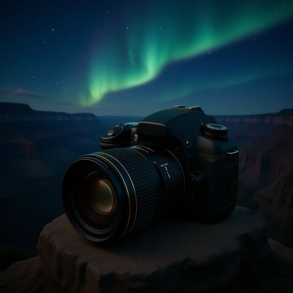 Sommet de paysage naturel majestueux, comme le Grand Canyon ou sous les aurores boréales, appareil photo posé sur des rochers, soulignant le concept de 'capturer la beauté du monde'.