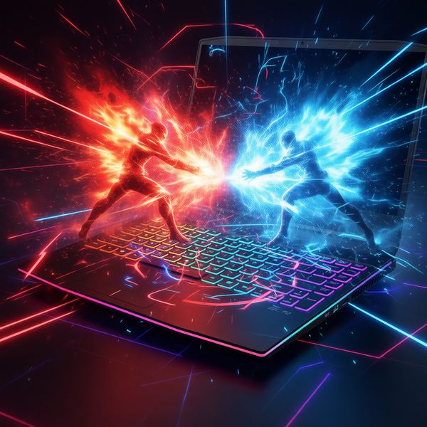 Champ de bataille de jeu virtuel avec effets de feu et de glace entrelacés, atmosphère de combat intense, tons de collision rouge-bleu de style esports.