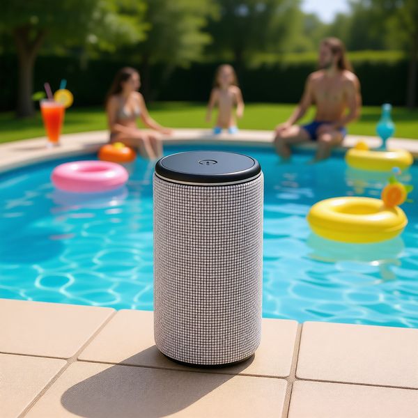 Scène de fête au bord de la piscine en été, surface d'eau bleue éclatante, ondulations de réfraction de la lumière du soleil, bouées flottantes et boissons tropicales, moment de fête joyeux.