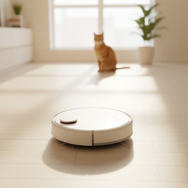 Salon moderne lumineux et chaleureux, lumière du soleil sur le parquet, scène de vie soignée et confortable, chat prenant un bain de soleil en arrière-plan flou lointain.