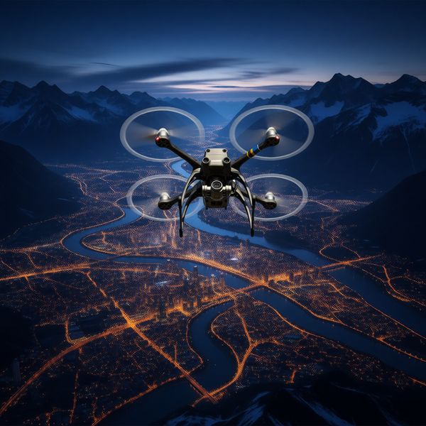 Grande perspective aérienne de montagnes et rivières escarpées ou paysage nocturne urbain animé, vue à vol d'oiseau épique, sensation de blockbuster cinématographique.