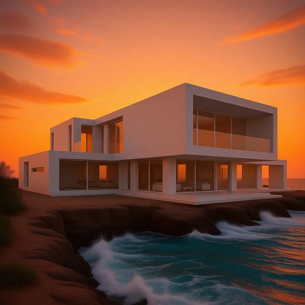 Villa sur falaise au bord de la mer, océan azur et vagues déferlantes, lueur du coucher de soleil colorant le ciel, esthétique de maison de vacances de luxe.