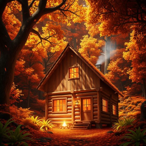 Forêt dorée d'automne avec feuilles qui tombent, cheminée chaleureuse avec fumée de cheminée, atmosphère de conte de fées isolée et sereine.