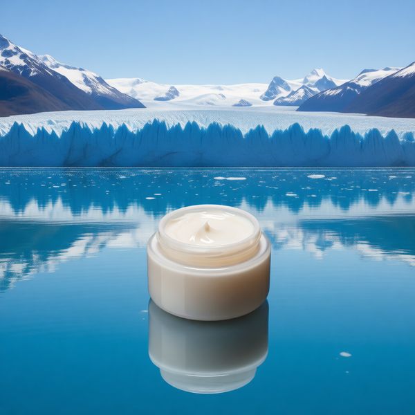 Au-dessus d'une surface de lac calme et claire, arrière-plan de glacier pur ou de montagne enneigée, soulignant les ingrédients hydratants et naturels du produit.