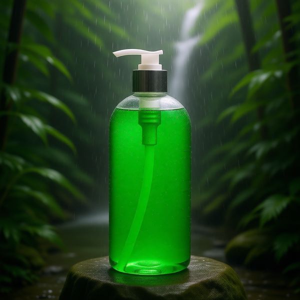 Sous une cascade de forêt tropicale dense, gouttelettes d'eau éclaboussantes et feuilles de plantes vertes luxuriantes, expérience de soin naturel vibrante.