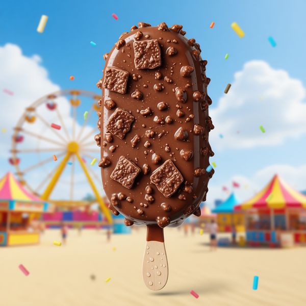 Carnaval de plage d'été, grande roue floue et ciel bleu avec nuages blancs en arrière-plan, pluie de bonbons colorés, ambiance d'été heureuse et sucrée.