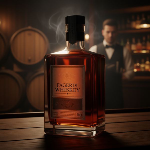 Bar de jazz élégant faiblement éclairé, tonneaux de chêne et silhouette de barman floue en arrière-plan, atmosphère enfumée, sophistication de maturité et de vieillissement.