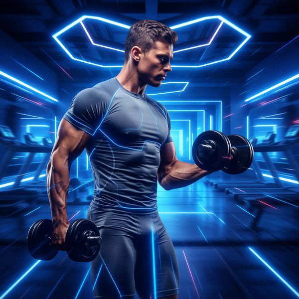 Salle de sport futuriste high-tech avec éclairage de bandes néon bleues, effet de flou de mouvement dynamique, espace sportif énergique et passionné.