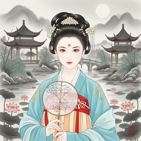 Jardin chinois classique avec pavillons, étang de lotus sous le clair de lune, atmosphère brumeuse, fusion de paysage de peinture à l'encre.