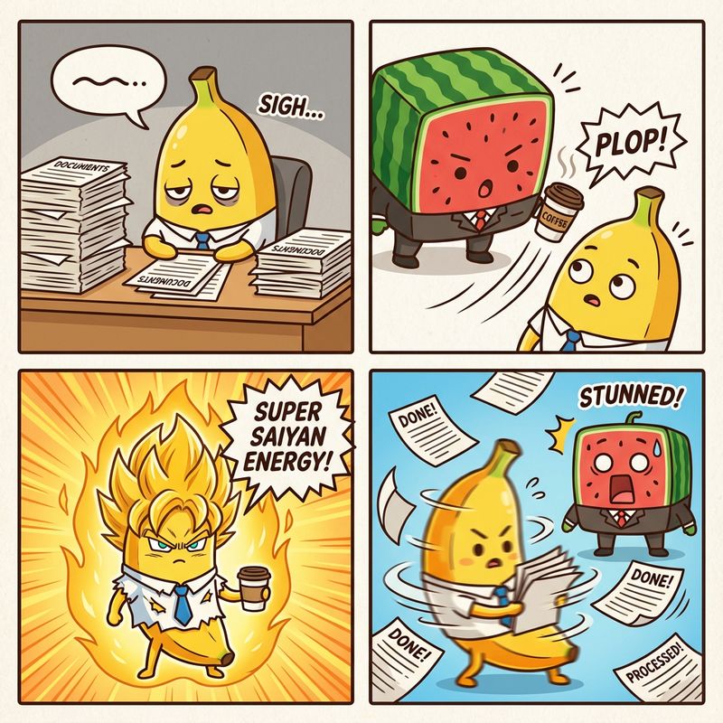 Uma história em quadrinhos de quatro painéis em estilo de ilustração plana japonesa. Protagonista: Uma pessoa banana amarela fofa e redonda chamada 'Xiao Ba', vestindo camisa branca e gravata. Painel 1: Xiao Ba senta-se em uma mesa, suspirando para uma montanha de documentos, parecendo exausto. Painel 2: O chefe (uma enorme melancia quadrada) se aproxima e coloca uma xícara de café. Painel 3: Xiao Ba bebe o café e instantaneamente se transforma em um estado Super Saiyajin dourado, brilhando com energia. Painel 4: Xiao Ba processa todos os documentos em super velocidade, com papéis voando pelo ar, deixando o chefe atordoado. Estilo: Linhas simples, cores vivas, com linhas de efeito de quadrinhos.