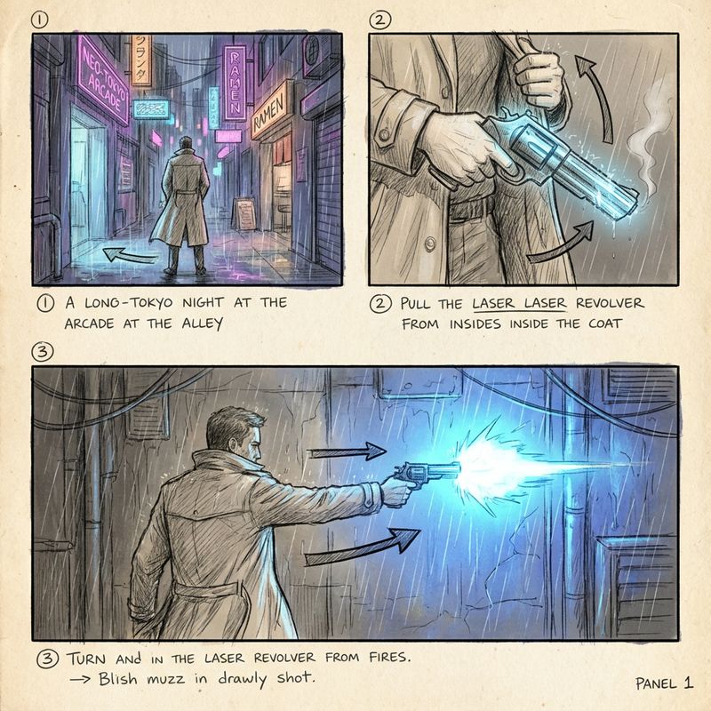 Roteiro de storyboard de filme, contendo três quadros widescreen consecutivos em estilo de esboço a lápis desenhado à mão, com indicadores de setas dinâmicas. Cena: Rua chuvosa noturna cyberpunk. Quadro 1 (plano longo): O protagonista (visão traseira em um sobretudo) está parado na entrada de um beco iluminado por neon, chuva forte caindo. Quadro 2 (close-up): A mão do protagonista puxa um revólver laser brilhante de dentro do casaco, água da chuva evaporando no cano. Quadro 3 (ação): O protagonista se vira e atira, o cano explode com flash azul, iluminando as paredes ao redor.