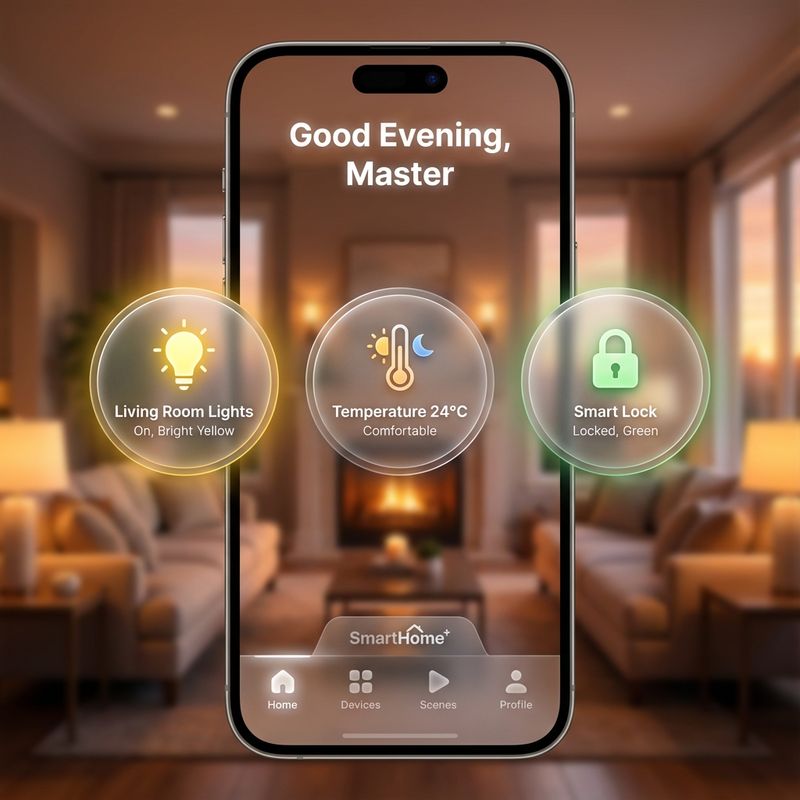 Um design de interface de aplicativo de controle de casa inteligente moderna, exibido dentro de um frame de iPhone 15. Estilo: Glassmorfismo, com fundo suave semi-transparente desfocado, o fundo é uma imagem de luz de sala de estar aconchegante. Área de função: No topo exibe 'Boa Noite, Mestre', com fonte clara. No meio tem três grandes cartões circulares com ícones e texto: 'Luzes da Sala' (estado ligado, amarelo brilhante), 'Temperatura 24°C', 'Fechadura Inteligente' (estado trancado, verde). Na parte inferior há uma barra de navegação semi-transparente. Textura: Enfatize a profundidade de luz e sombra do vidro fosco.