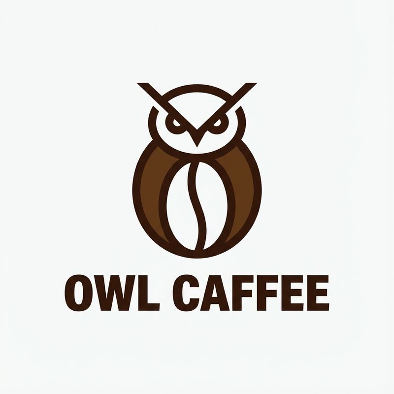 Um design de Logo vetorial minimalista para uma marca chamada 'OWL CAFFEE'. Conceito gráfico: Usando design de espaço negativo. Desenhe uma coruja com linhas minimalistas, mas a forma da barriga da coruja é exatamente o contorno de um grão de café. Texto: Abaixo do gráfico está o nome da marca 'OWL CAFFEE' em fonte sans-serif negrito. Cor: Marrom torrado profundo com fundo branco creme. Renderização: Estilo vetorial Adobe Illustrator, bordas nítidas, sem sombras, plano.
