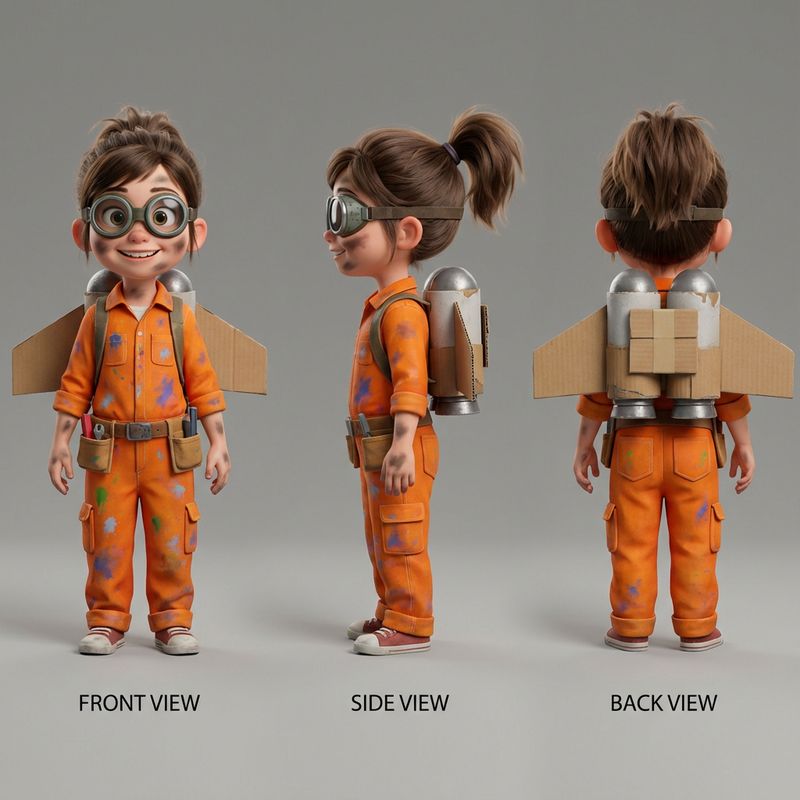 Folha de design de personagem 3D estilo Pixar. Personagem: Uma pequena inventora energética, usando óculos de proteção enormes, carregando uma mochila a jato, vestindo macacão laranja, rosto coberto de manchas de óleo. Vistas: Exiba-a lado a lado na mesma imagem: Vista Frontal, Vista Lateral, Vista Traseira. Iluminação: Iluminação suave de estúdio, fundo é cinza neutro puro, garantindo que todos os detalhes de roupas e acessórios sejam visíveis.