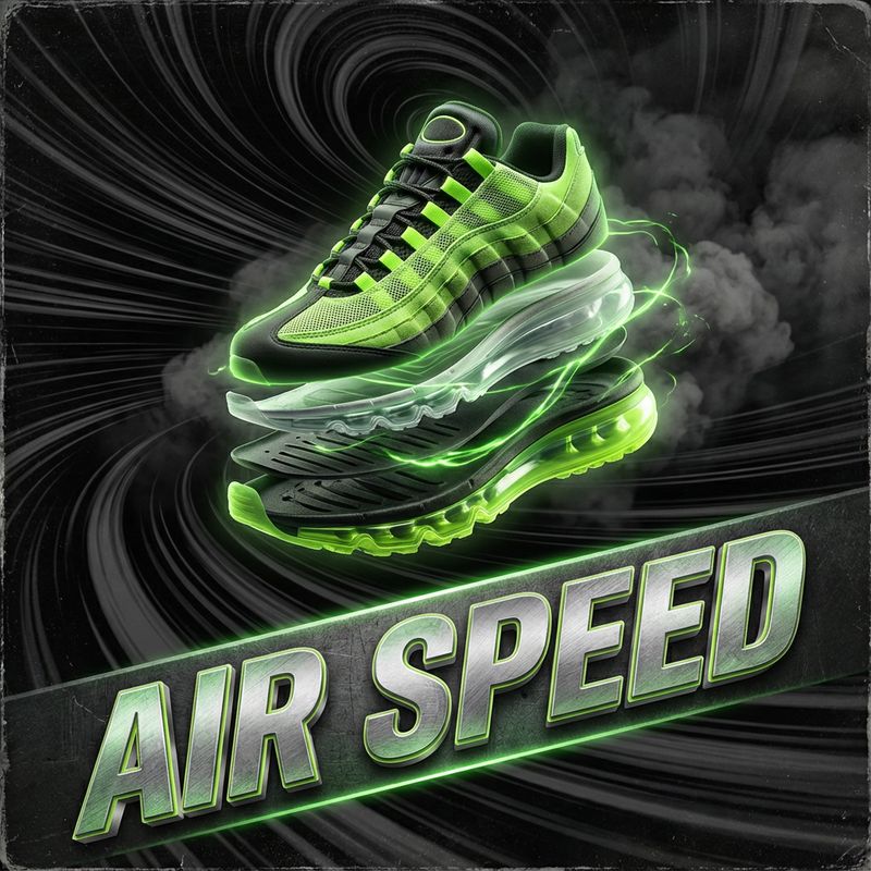 Um pôster de publicidade de tênis de alto impacto. Assunto: Um tênis futurista flutuante, colorido em verde neon e preto. Efeitos: O sapato está em uma 'Vista Explodida', com sola, almofada de ar, cabedal e cadarços separados em camadas no ar, mostrando a estrutura interna de alta tecnologia. Fundo: Linhas de velocidade pretas dinâmicas e fumaça. Texto: Texto 3D enorme 'AIR SPEED' escrito diagonalmente pela imagem, com uma fonte de textura metálica escovada.